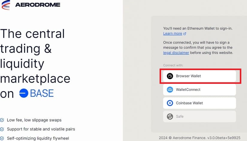 how to Connect your wallet in Aerodrome Finance