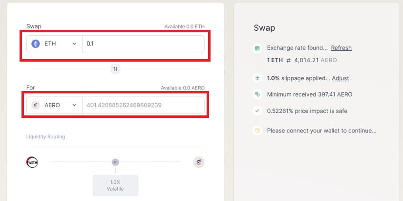 Choose the pair of cryptocurrencies Aerodrome swap