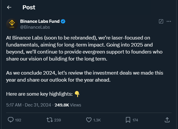 Tweet by Binance Labs