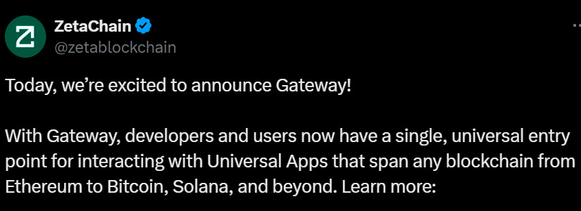 ZetaChain Launches Gateway to Simplify Universal Yield, DEX Aggregation, and More