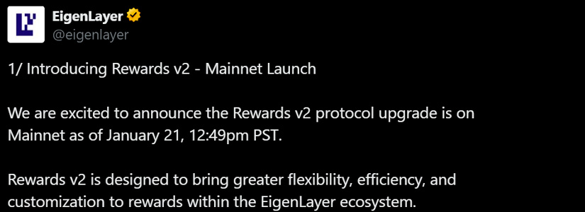 EigenLayer Rolls Out Rewards v2 Upgrade on Ethereum Mainnet