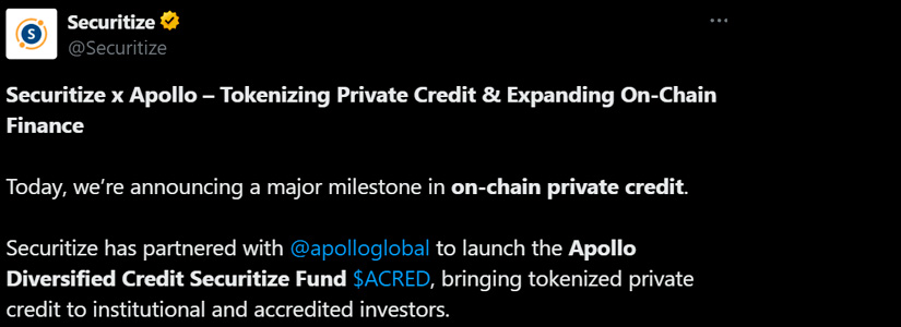 Apollo and Securitize Launch Tokenized Private Credit Fund On Solana