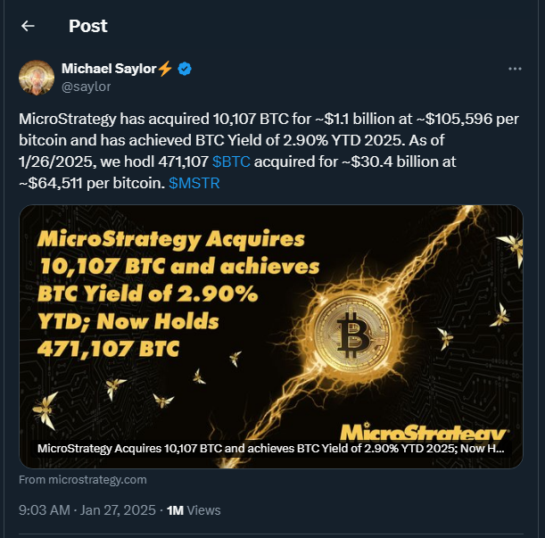 MicroStrategy Boosts BTC Holdings with $1.1B Purchase at $105K per Coin