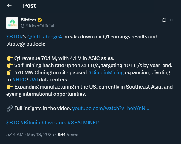 Tweet by BitdeerOfficial
