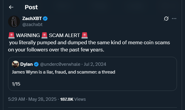 Tweet by zachxbt