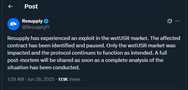 Tweet by ResupplyFi