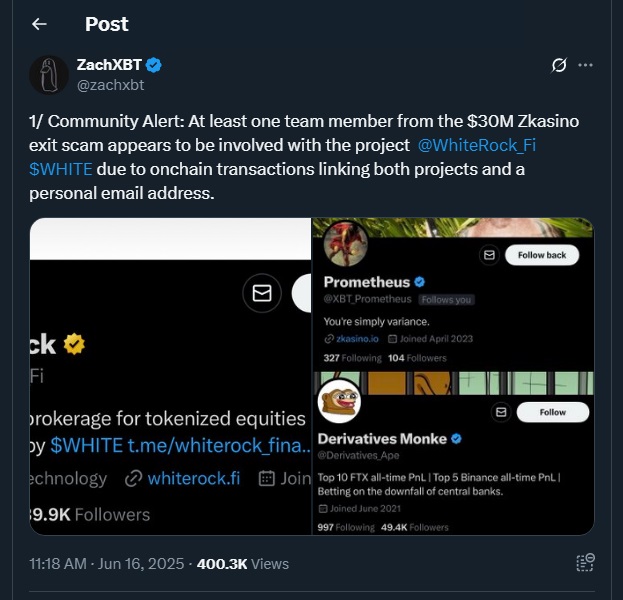 Tweet by zachxbt