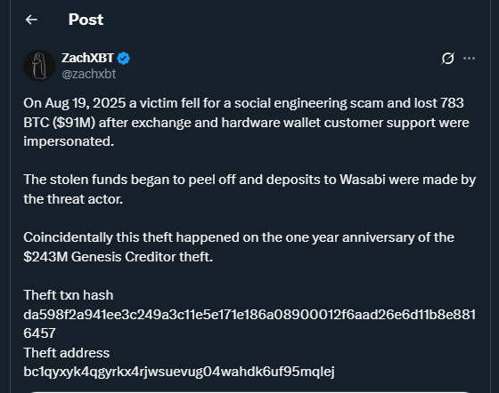 Tweet by zachxbt/