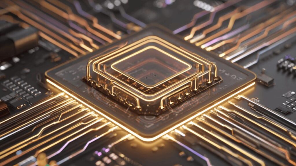 Close-up illustration of a glowing quantum processor on a circuit board with illuminated data pathways