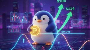 Pudgy Penguins (PENGU) shows bullish signals, according to analysts. The token is forming a "cup-and-handle" with its sights set on the $0.045 resistance.