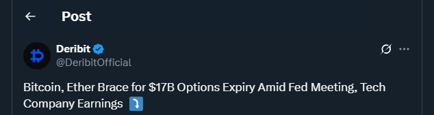 Tweet by DeribitOfficial/