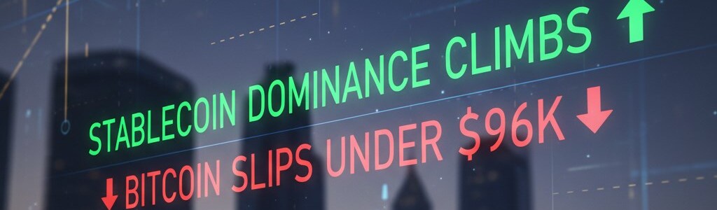 Stablecoin dominance rises as Bitcoin falls below $96K, signifying a risk-off rotation.