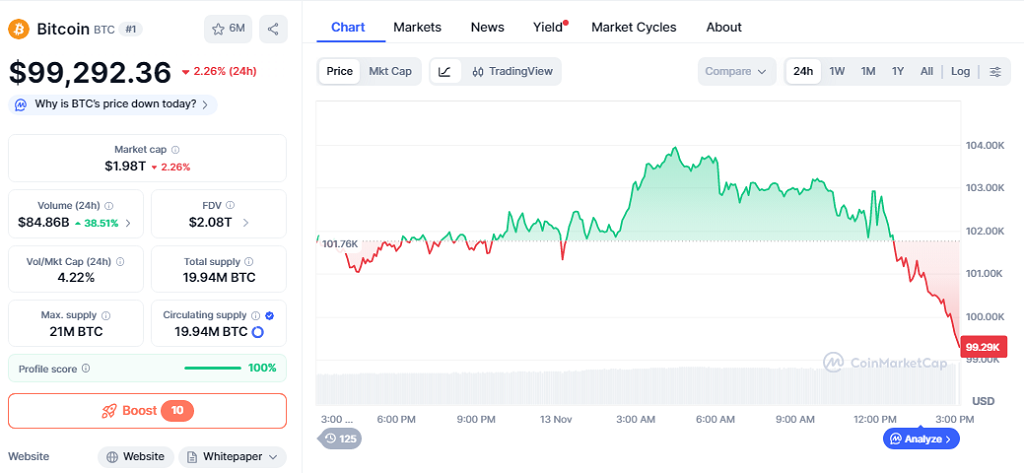 Bitcoin (BTC) has fallen below the $100,000 support level