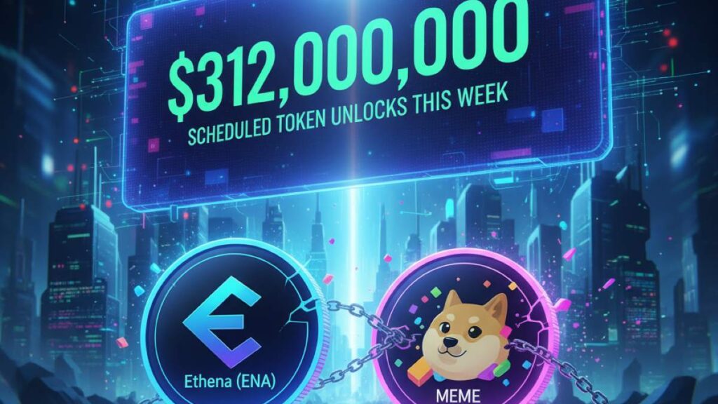 Over $312 million in crypto tokens unlock this week, led by Ethena (ENA) and MEME. Analysts eye potential market impact as supply pressures build.