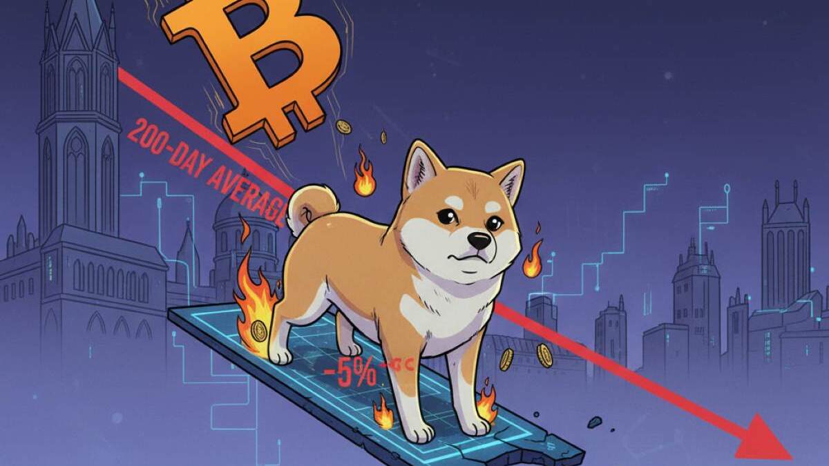 Shiba Inu falls 5% amid token burn news as Bitcoin dips below its 200-day moving average, signaling renewed market volatility.