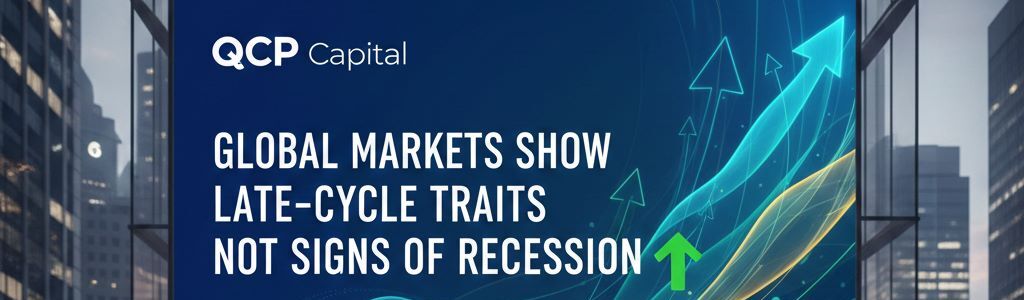 QCP Capital finds global markets displaying late-cycle traits rather than recessionary conditions, with growth slowing but no widespread contraction.