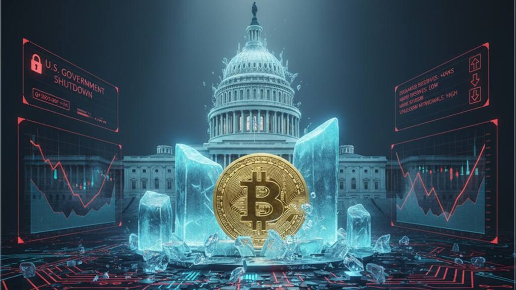 U.S. government shutdown freezes Bitcoin liquidity. On-chain data shows a rise in exchange reserves and miner sales. Extreme fear.