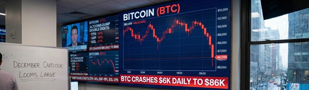 Bitcoin dropped $6K daily to $86K, triggering altcoin double-digit losses and market uncertainty.