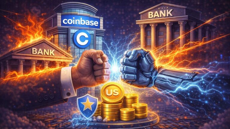 Coinbase confronts banks over stablecoin rewards as a bipartisan crypto bill wobbles and traders price a 68% to 70% chance of passage.