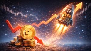 DOGE stays under $0.10 as ETF chatter rises; traders watch a wedge setup, a 3% funding-rate spike, and volume needed to confirm any reversal.