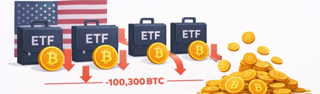 US spot Bitcoin ETFs shed about 100,300 BTC since October, cutting holdings to roughly 1.26 million BTC as redemptions forced selling further.