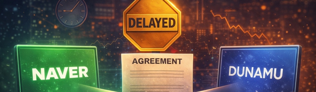 Naver Financial delayed its Dunamu share swap by nearly three months, with a shareholder vote set for Aug. 18 and completion expected on Sept. 30.