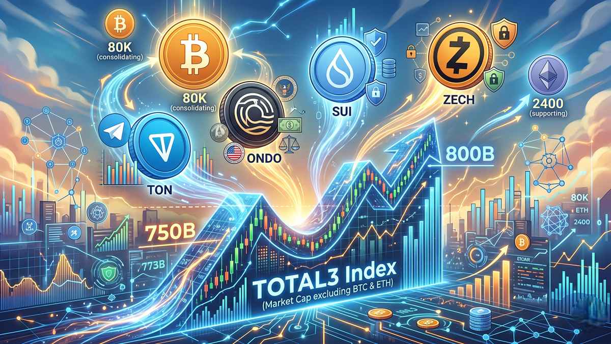 TON, ONDO, SUI and ZEC show signs of capital rotation while the TOTAL3 index surpasses $750 billion