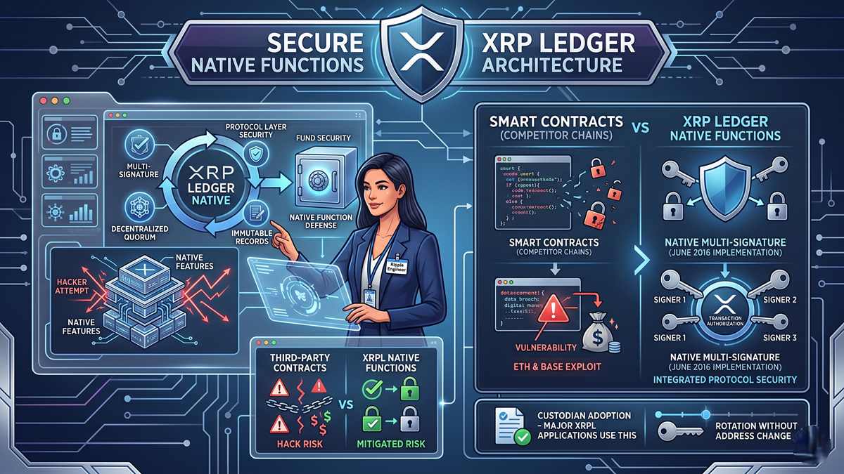 A Ripple engineer highlights that XRP Ledger's native features mitigate the risk of smart contracts being hacked.