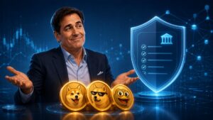 Mark Cuban joked that investors should “just buy memecoins,” poking fun at accredited-investor rules and crypto market access debates.