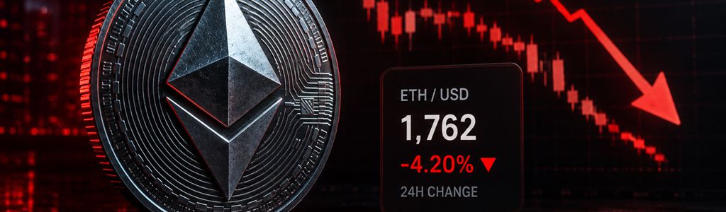 Ethereum trades near $1,762, down 4.20% in the last 24 hours, as derivatives markets show rising pressure on leveraged long positions.