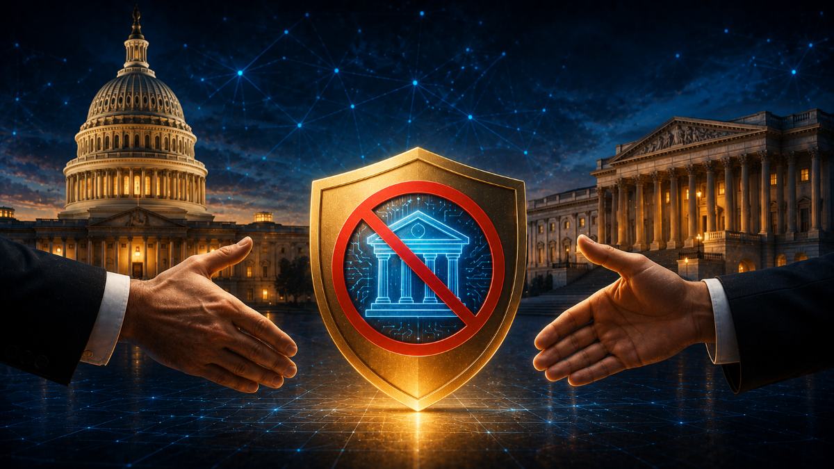 Senate-House deal adds a CBDC ban through 2030, framing a digital dollar as a privacy and financial-surveillance risk.