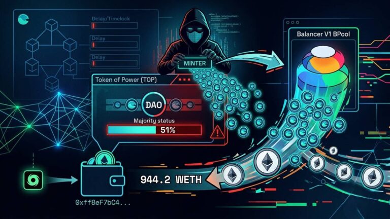 An attacker drains $1.58 million in Ethereum after exploiting a governance flaw in the TOP token DAO