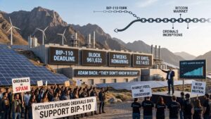 The BIP-110 proposal faces its deadline—three weeks away from block 961,632—with only 0.86% support.