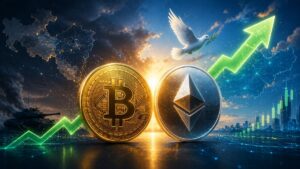 Bitcoin rises above $65K and Ether nears $2K as an Iran-U.S. pause sends oil lower and improves risk appetite before the Fed decision.