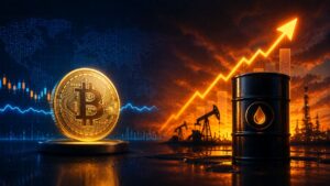 Bitcoin holds near $65,000 as Brent crude reaches $97.66, while mixed altcoins and derivatives reveal resilience without firm conviction.
