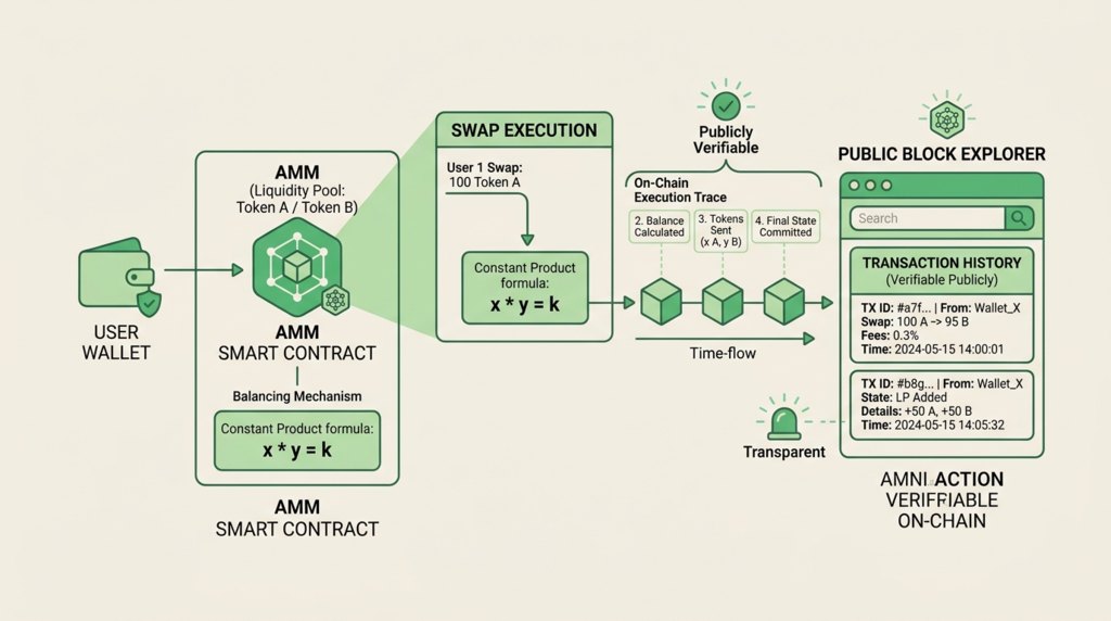 AMM model, execution is publicly verifiable on‑chain