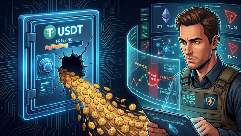 An analysis of 2,955 events reveals a lag of 2 hours and 16 minutes in the freezing of Tether