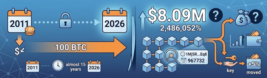 A Bitcoin wallet that had remained inactive since 2011 has moved 100 BTC worth about $8.09 million.