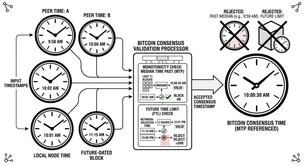 Bitcoin network nodes implement their own timestamp verification