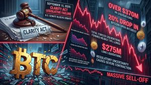 The U.S. Senate blocked the CLARITY Act after failing to secure 60 votes, triggering liquidations exceeding $370 million.