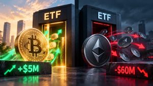 Bitcoin ETFs add $5.1M in net inflows while Ether funds lose $60.3M, extending a volatile October for institutional crypto demand.
