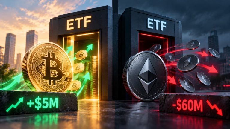 Bitcoin ETFs add $5.1M in net inflows while Ether funds lose $60.3M, extending a volatile October for institutional crypto demand.