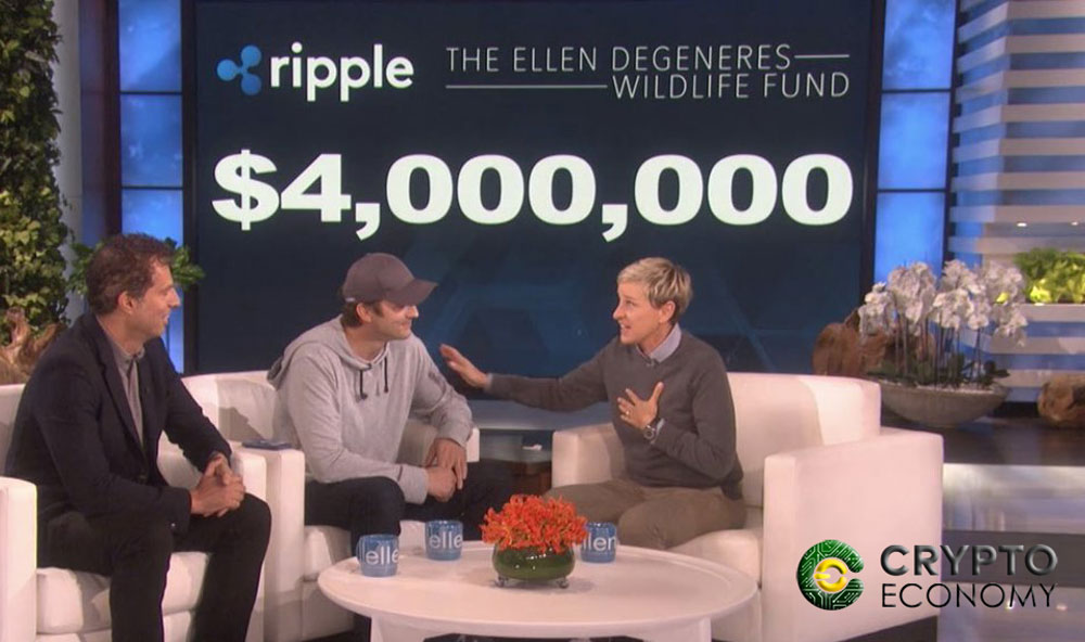 Ashton Kutcher donó 4 millones dólares en Ripple a la fundación de Ellen
