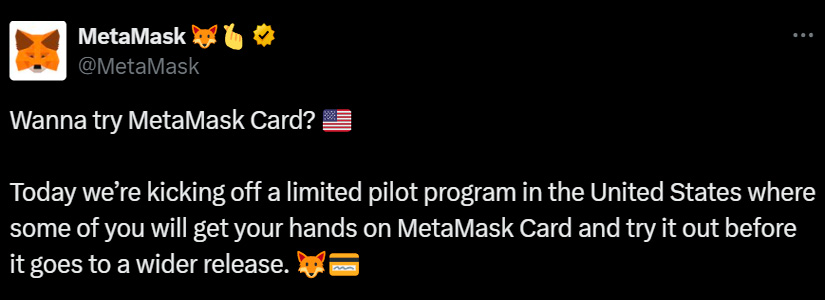 MetaMask comienza a probar una tarjeta de pago con criptomonedas en un programa piloto limitado en EE.UU.