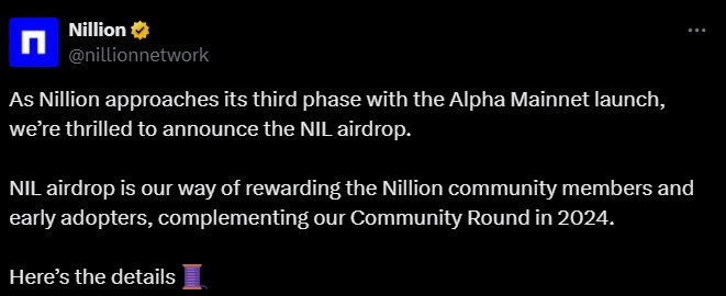 Nillion airdrop tweet