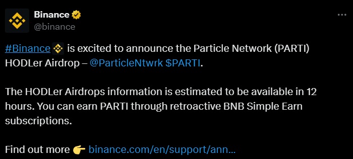 Binance Particle Network tweet