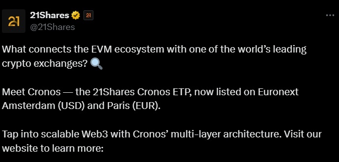 21shares crypto.com cronos cro tweet