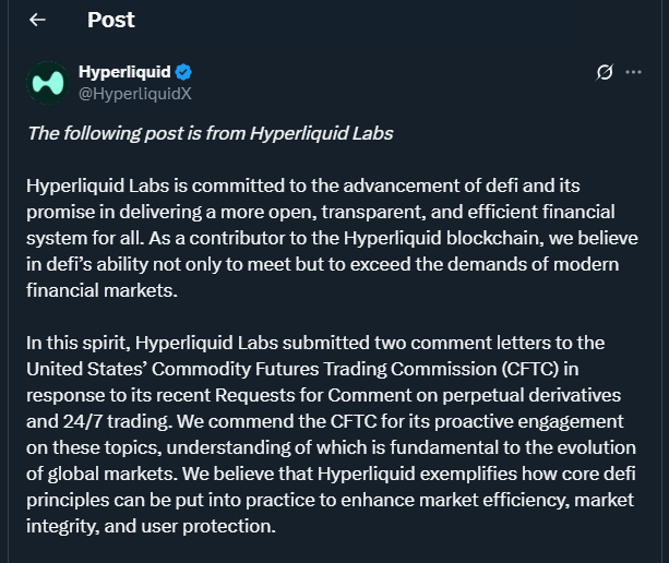 Tweet de hyperliquidx