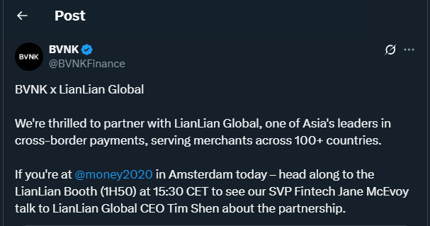Tweet de BVNKFinance