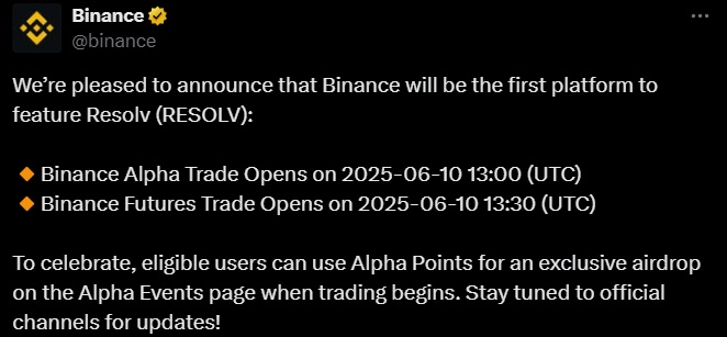 Binance Resolv tweet